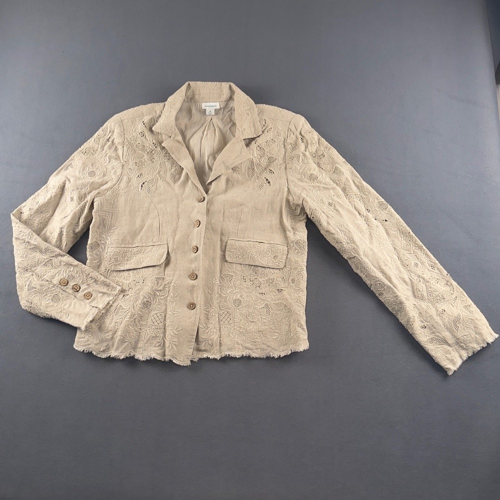 Sundance Teresa Lace Linen Jacket Flax Beige Floral Embroidery Eyelet Size M